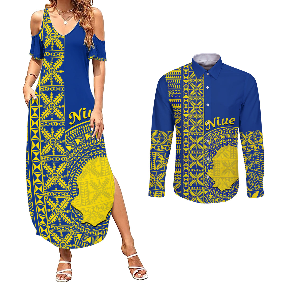 Fakaalofa Lahi Atu Niue Couples Matching Summer Maxi Dress and Long Sleeve Button Shirt Niuean Map With Hiapo Pattern Blue Version LT14 Blue - Polynesian Pride