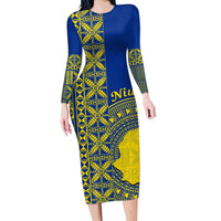 Fakaalofa Lahi Atu Niue Family Matching Long Sleeve Bodycon Dress and Hawaiian Shirt Niuean Map With Hiapo Pattern Blue Version LT14 Mom's Dress Blue - Polynesian Pride