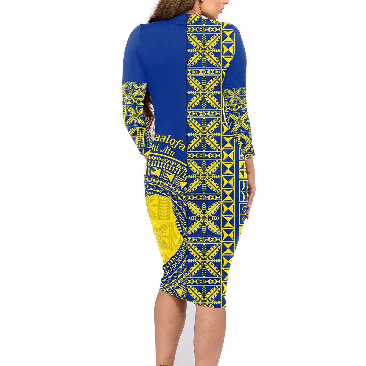Fakaalofa Lahi Atu Niue Family Matching Long Sleeve Bodycon Dress and Hawaiian Shirt Niuean Map With Hiapo Pattern Blue Version LT14 - Polynesian Pride