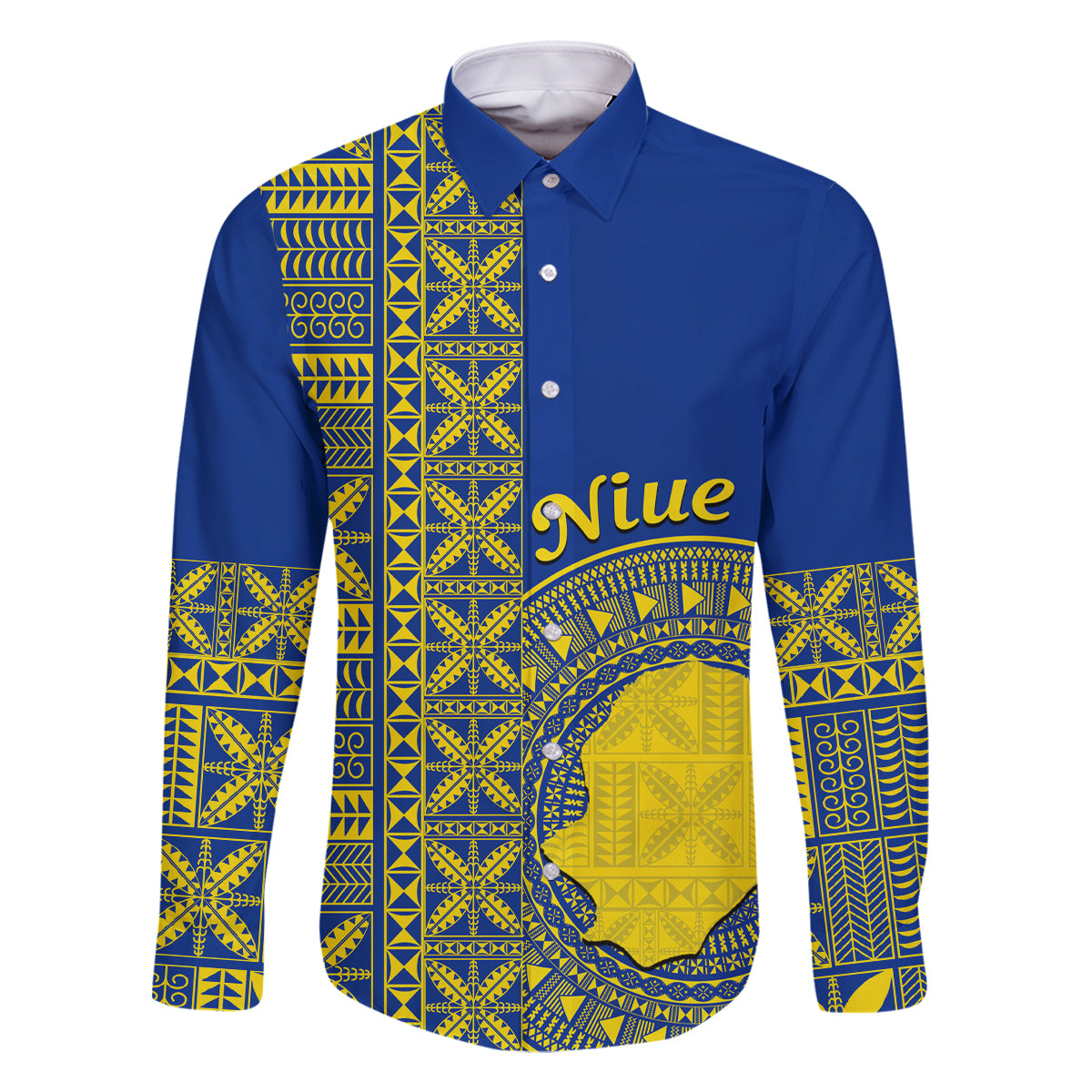 Fakaalofa Lahi Atu Niue Family Matching Off Shoulder Short Dress and Hawaiian Shirt Niuean Map With Hiapo Pattern Blue Version LT14 Dad's Shirt - Long Sleeve Blue - Polynesian Pride