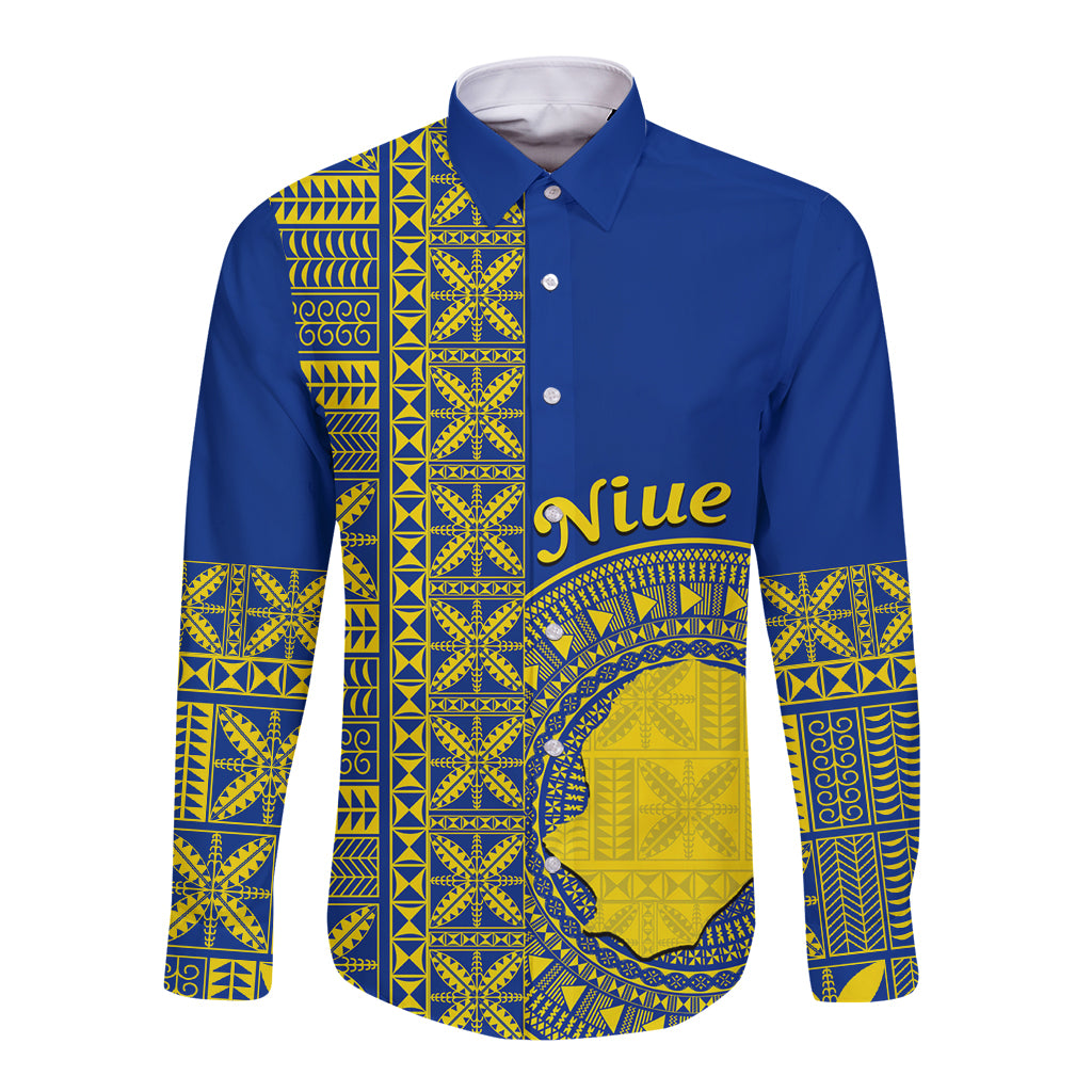 Fakaalofa Lahi Atu Niue Long Sleeve Button Shirt Niuean Map With Hiapo Pattern Blue Version LT14 Unisex Blue - Polynesian Pride