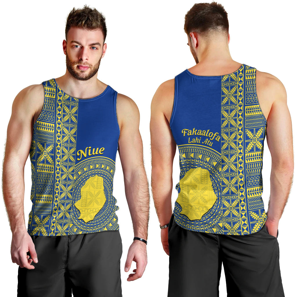 Fakaalofa Lahi Atu Niue Men Tank Top Niuean Map With Hiapo Pattern Blue Version LT14 - Polynesian Pride