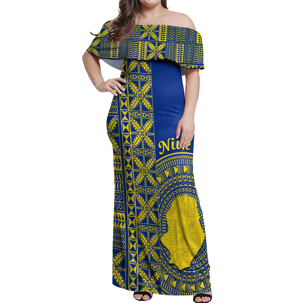 Fakaalofa Lahi Atu Niue Off Shoulder Maxi Dress Niuean Map With Hiapo Pattern Blue Version LT14 Women Blue - Polynesian Pride