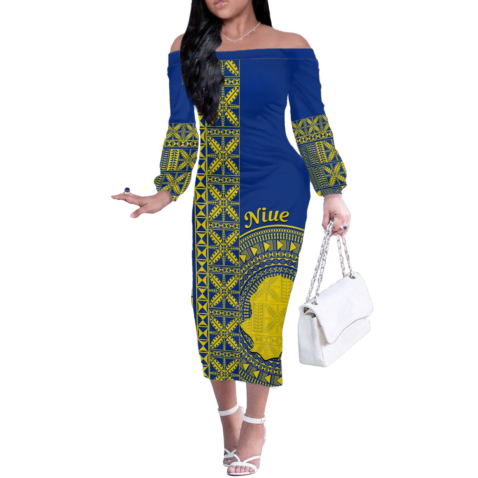 Fakaalofa Lahi Atu Niue Off The Shoulder Long Sleeve Dress Niuean Map With Hiapo Pattern Blue Version LT14 Women Blue - Polynesian Pride