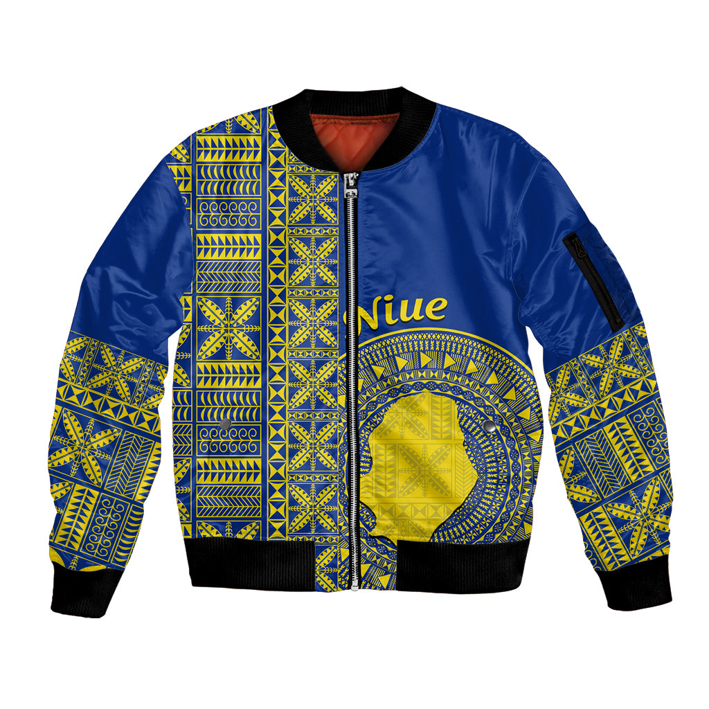Fakaalofa Lahi Atu Niue Sleeve Zip Bomber Jacket Niuean Map With Hiapo Pattern Blue Version LT14 Unisex Blue - Polynesian Pride