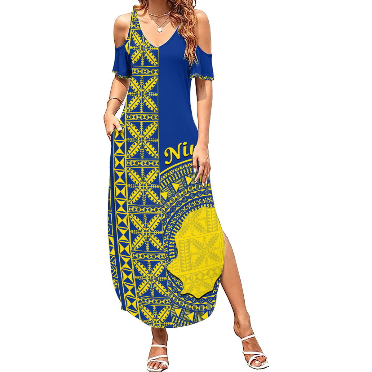 Fakaalofa Lahi Atu Niue Summer Maxi Dress Niuean Map With Hiapo Pattern Blue Version LT14 Women Blue - Polynesian Pride