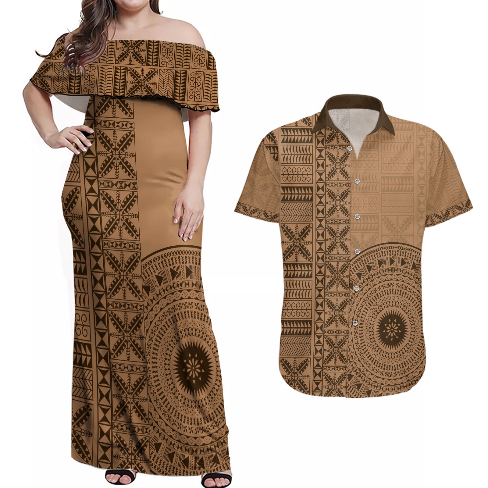 Fakaalofa Lahi Atu Niue Couples Matching Off Shoulder Maxi Dress and Hawaiian Shirt Vintage Hiapo Pattern Brown Version LT14 Brown - Polynesian Pride