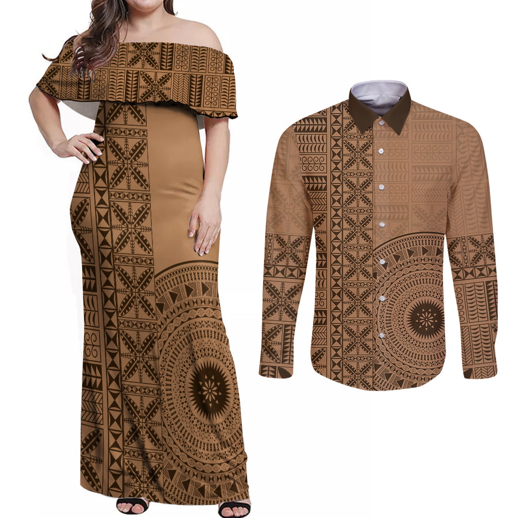 Fakaalofa Lahi Atu Niue Couples Matching Off Shoulder Maxi Dress and Long Sleeve Button Shirt Vintage Hiapo Pattern Brown Version LT14 Brown - Polynesian Pride