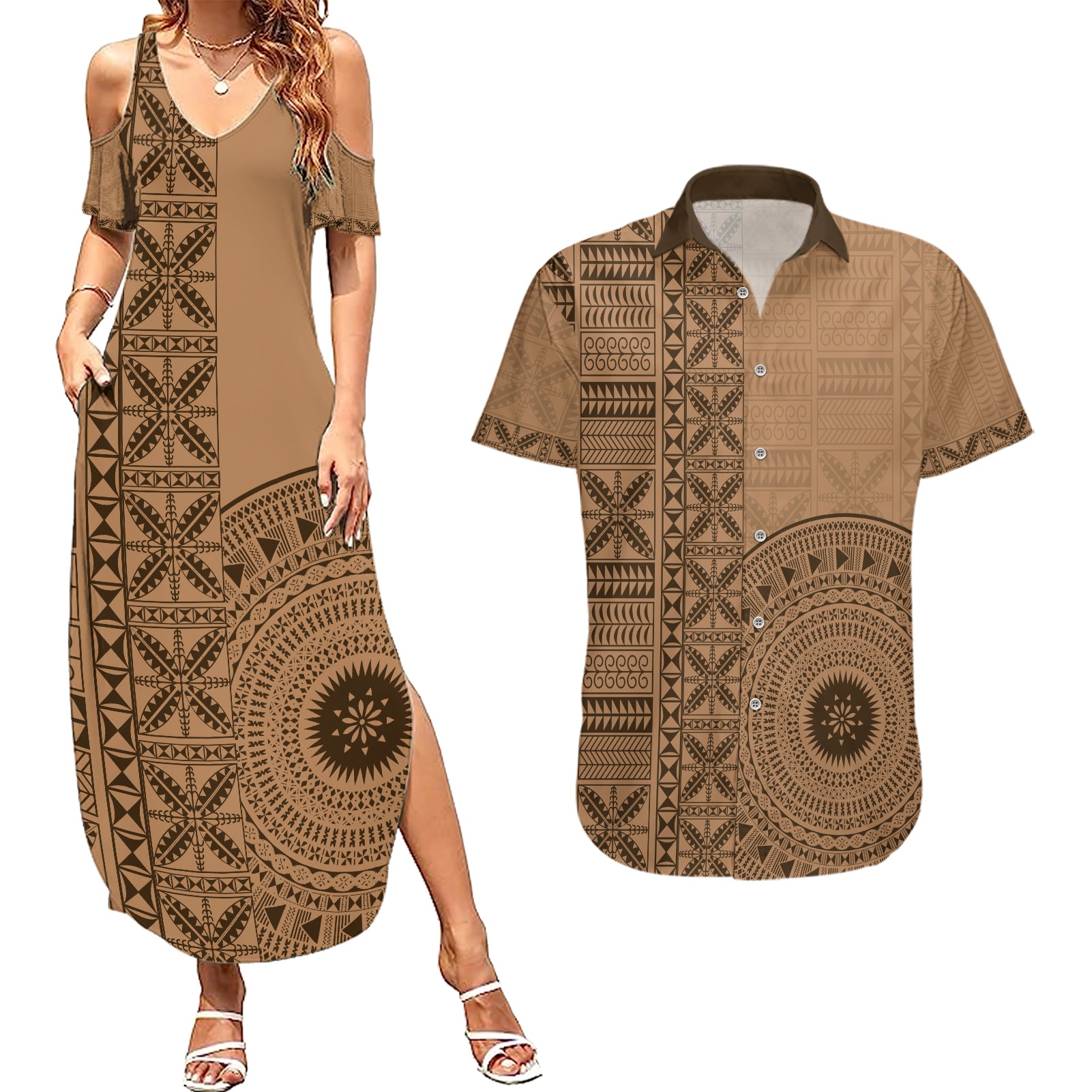 Fakaalofa Lahi Atu Niue Couples Matching Summer Maxi Dress and Hawaiian Shirt Vintage Hiapo Pattern Brown Version LT14 Brown - Polynesian Pride