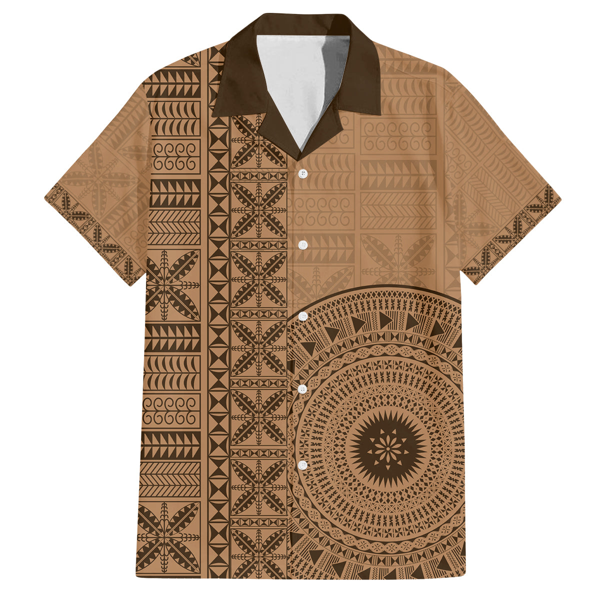 Fakaalofa Lahi Atu Niue Family Matching Off Shoulder Short Dress and Hawaiian Shirt Vintage Hiapo Pattern Brown Version LT14 Dad's Shirt - Short Sleeve Brown - Polynesian Pride