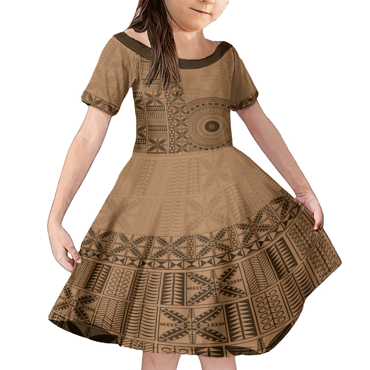 Fakaalofa Lahi Atu Niue Family Matching Summer Maxi Dress and Hawaiian Shirt Vintage Hiapo Pattern Brown Version LT14 Daughter's Dress Brown - Polynesian Pride