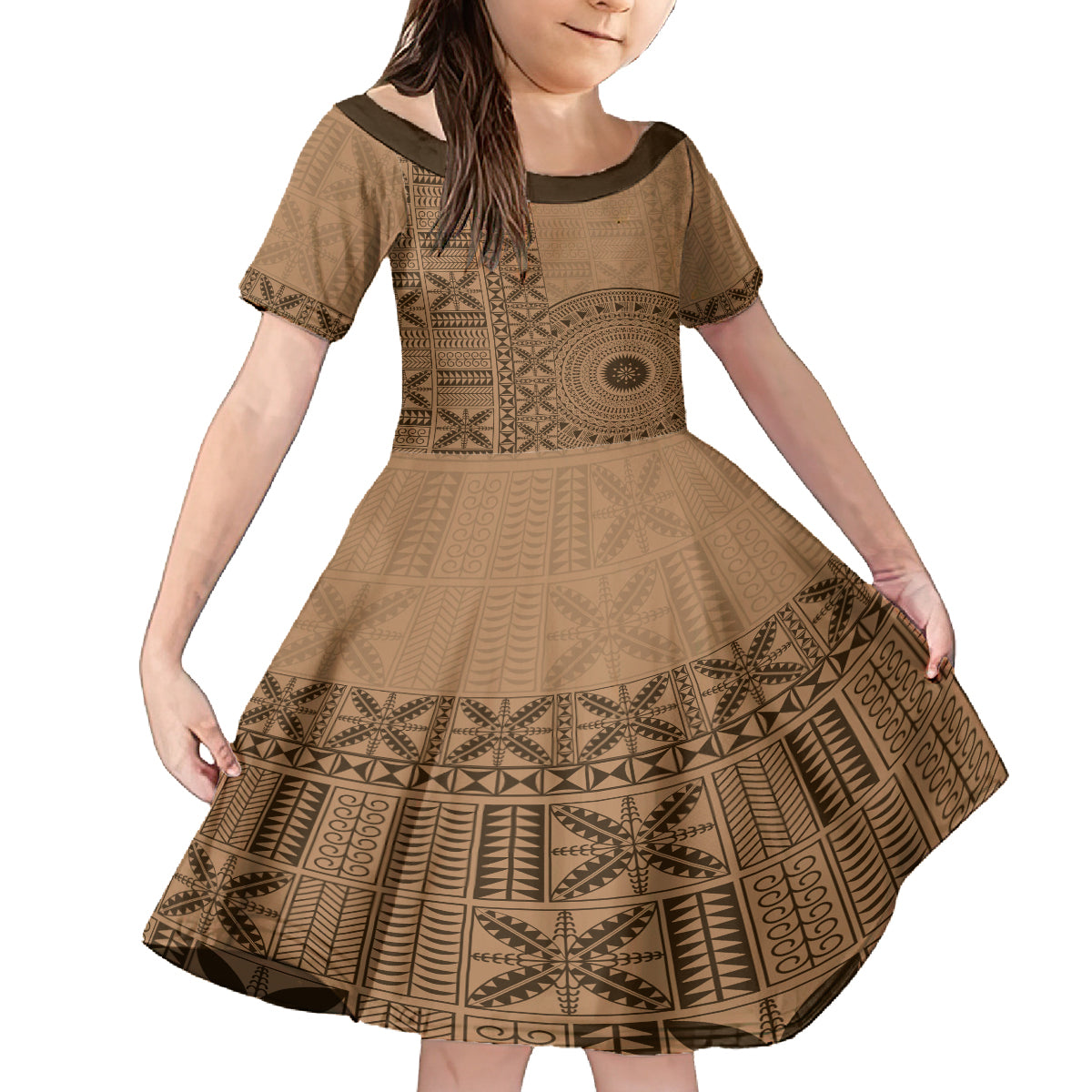 Fakaalofa Lahi Atu Niue Kid Short Sleeve Dress Vintage Hiapo Pattern Brown Version LT14 KID Brown - Polynesian Pride