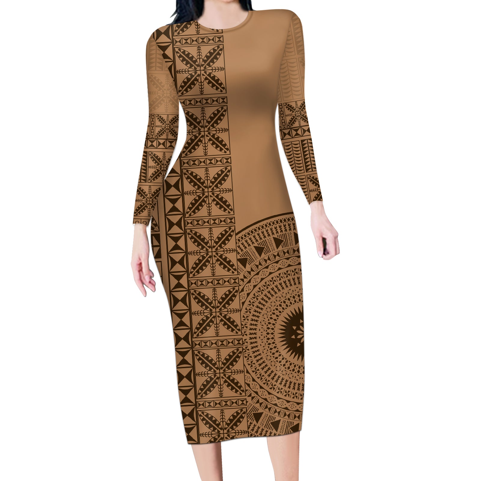 Fakaalofa Lahi Atu Niue Long Sleeve Bodycon Dress Vintage Hiapo Pattern Brown Version LT14 Long Dress Brown - Polynesian Pride