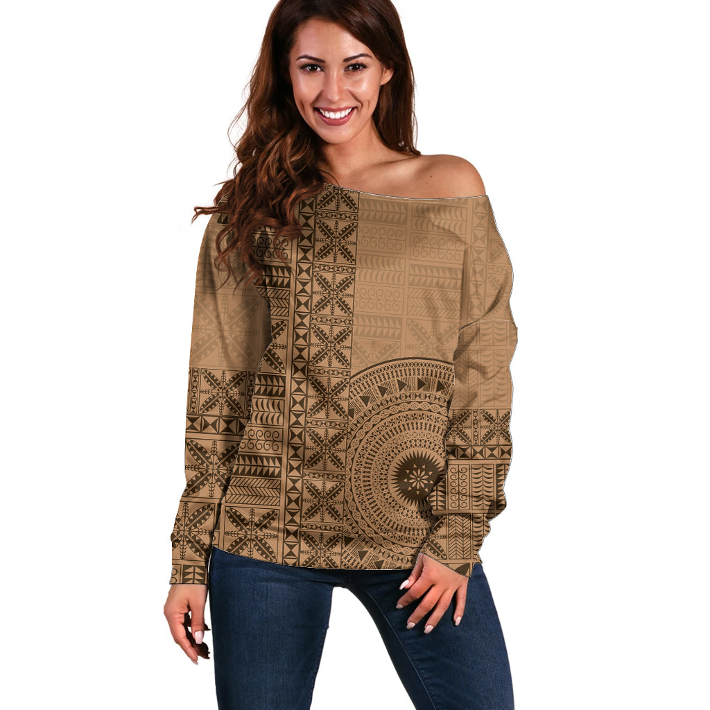 Fakaalofa Lahi Atu Niue Off Shoulder Sweater Vintage Hiapo Pattern Brown Version LT14 Women Brown - Polynesian Pride