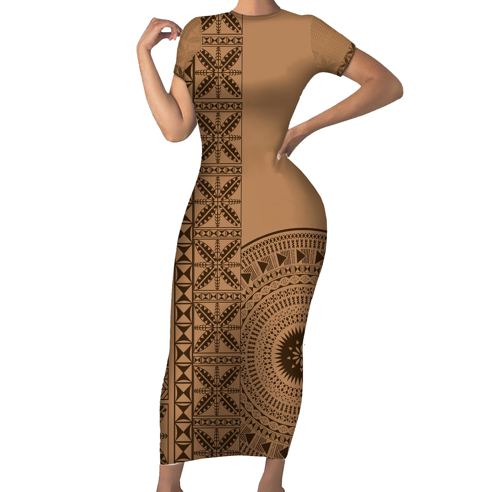 Fakaalofa Lahi Atu Niue Short Sleeve Bodycon Dress Vintage Hiapo Pattern Brown Version LT14 Long Dress Brown - Polynesian Pride