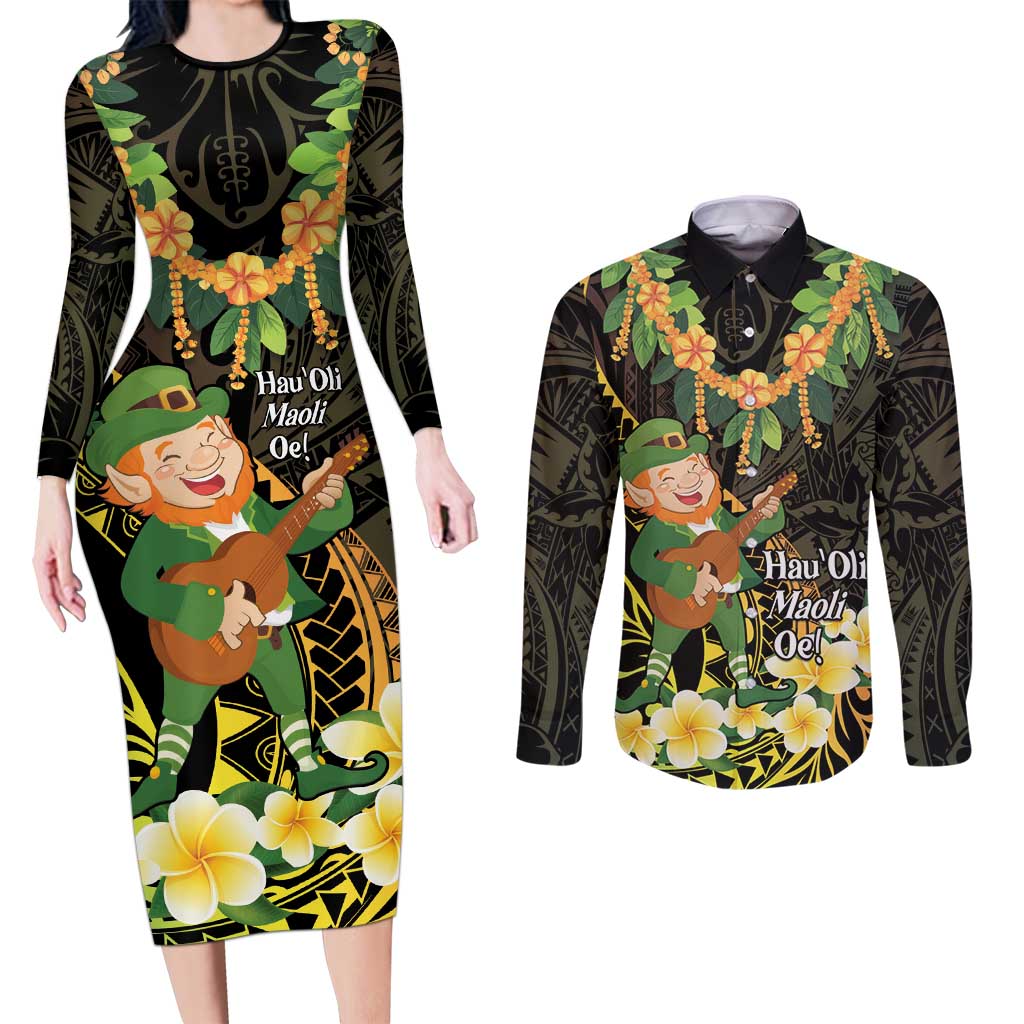 Hawaii Saint Patrick's Day Couples Matching Long Sleeve Bodycon Dress and Long Sleeve Button Shirt Ukulele Leprechaun Hau'Oli Maoli Oe! LT14 Reggae - Polynesian Pride