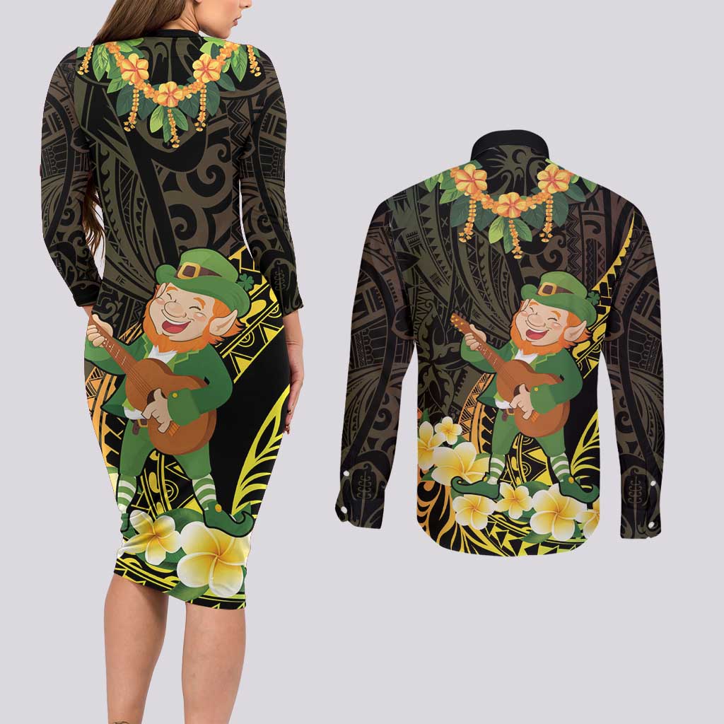 Hawaii Saint Patrick's Day Couples Matching Long Sleeve Bodycon Dress and Long Sleeve Button Shirt Ukulele Leprechaun Hau'Oli Maoli Oe! LT14 - Polynesian Pride