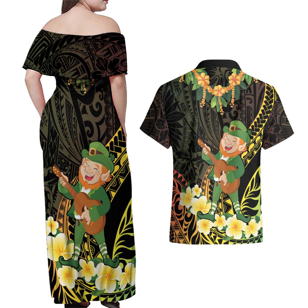 Hawaii Saint Patrick's Day Couples Matching Off Shoulder Maxi Dress and Hawaiian Shirt Ukulele Leprechaun Hau'Oli Maoli Oe! LT14 - Polynesian Pride