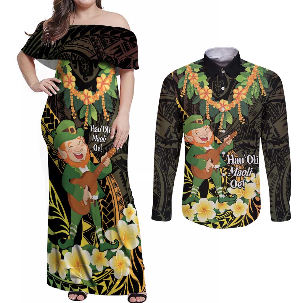 Hawaii Saint Patrick's Day Couples Matching Off Shoulder Maxi Dress and Long Sleeve Button Shirt Ukulele Leprechaun Hau'Oli Maoli Oe! LT14 Reggae - Polynesian Pride