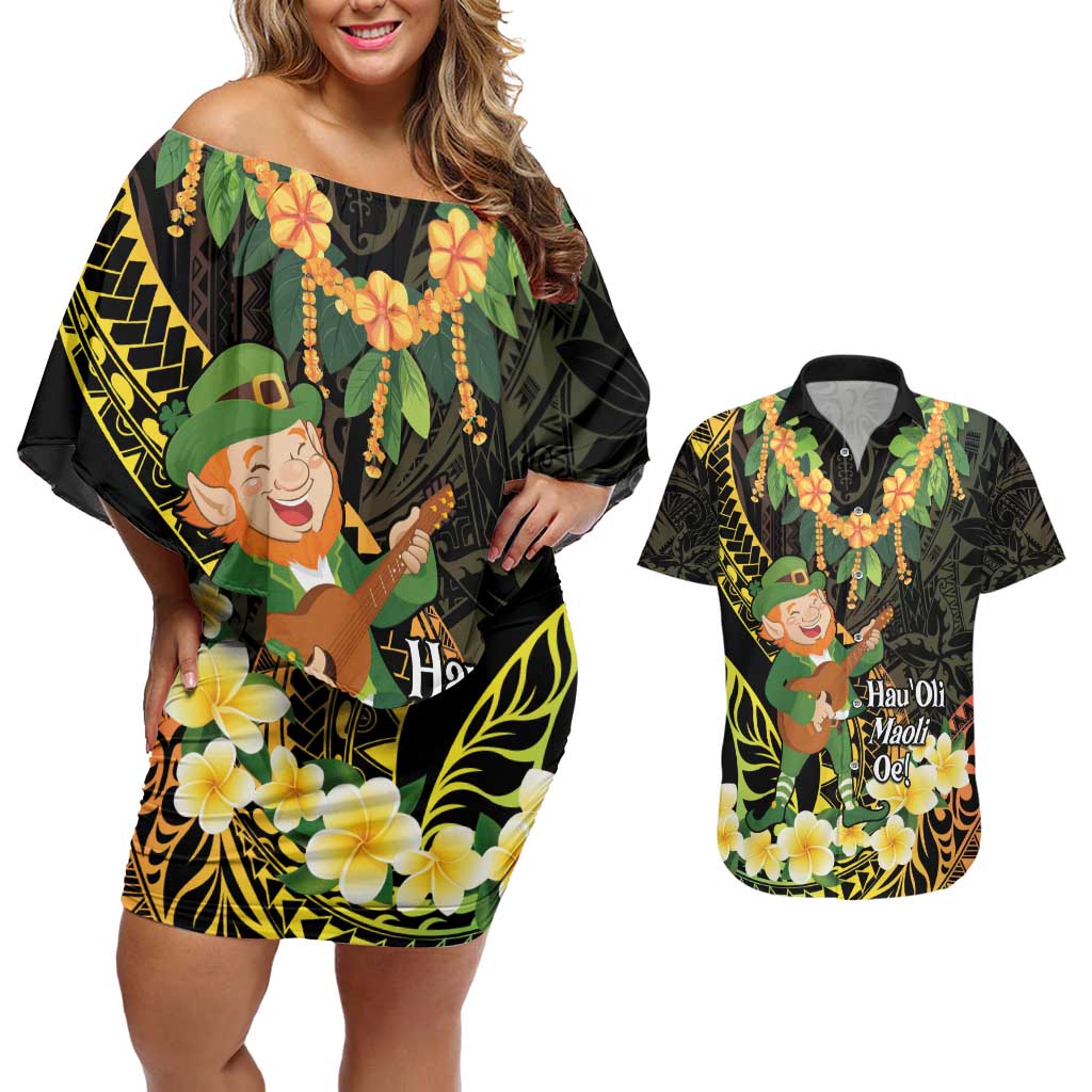 Hawaii Saint Patrick's Day Couples Matching Off Shoulder Short Dress and Hawaiian Shirt Ukulele Leprechaun Hau'Oli Maoli Oe! LT14 Reggae - Polynesian Pride
