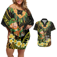 Hawaii Saint Patrick's Day Couples Matching Off Shoulder Short Dress and Hawaiian Shirt Ukulele Leprechaun Hau'Oli Maoli Oe! LT14 Reggae - Polynesian Pride