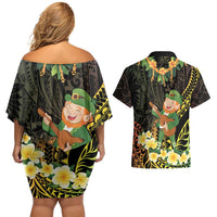 Hawaii Saint Patrick's Day Couples Matching Off Shoulder Short Dress and Hawaiian Shirt Ukulele Leprechaun Hau'Oli Maoli Oe! LT14 - Polynesian Pride