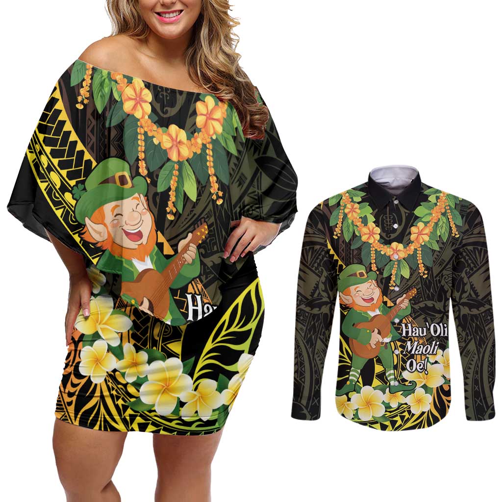 Hawaii Saint Patrick's Day Couples Matching Off Shoulder Short Dress and Long Sleeve Button Shirt Ukulele Leprechaun Hau'Oli Maoli Oe! LT14 Reggae - Polynesian Pride