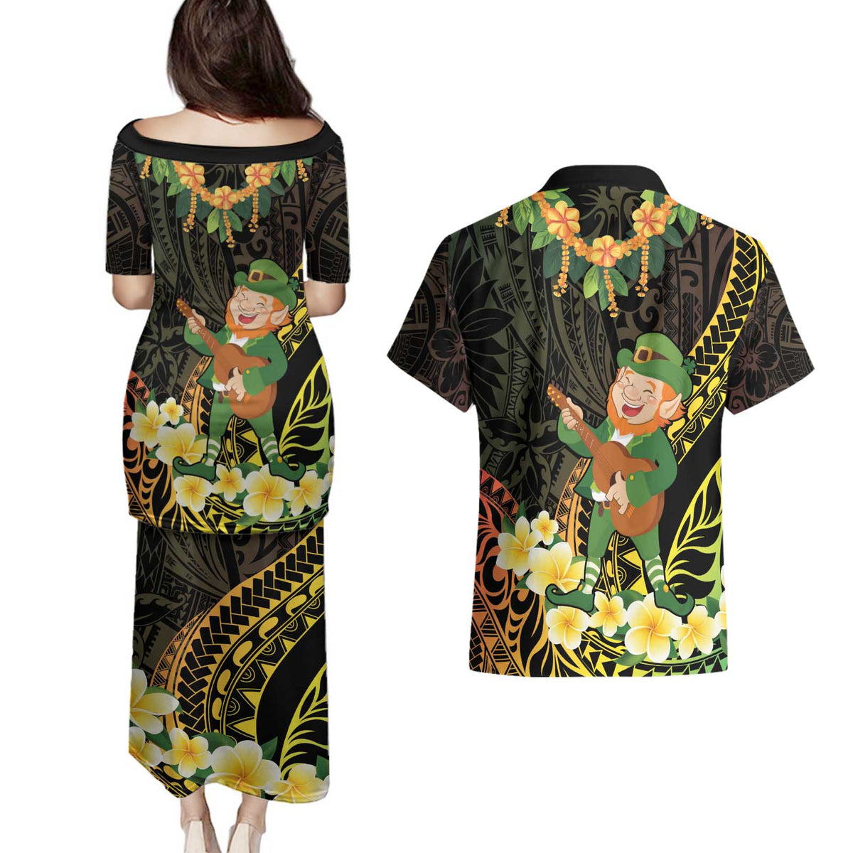 Hawaii Saint Patrick's Day Couples Matching Puletasi and Hawaiian Shirt Ukulele Leprechaun Hau'Oli Maoli Oe!