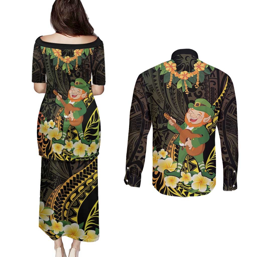 Hawaii Saint Patrick's Day Couples Matching Puletasi and Long Sleeve Button Shirt Ukulele Leprechaun Hau'Oli Maoli Oe! LT14 - Polynesian Pride