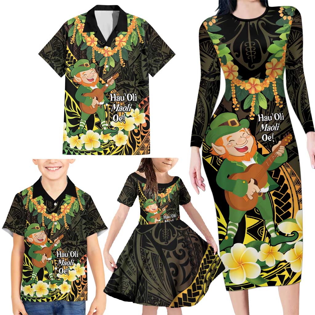 Hawaii Saint Patrick's Day Family Matching Long Sleeve Bodycon Dress and Hawaiian Shirt Ukulele Leprechaun Hau'Oli Maoli Oe! LT14 - Polynesian Pride