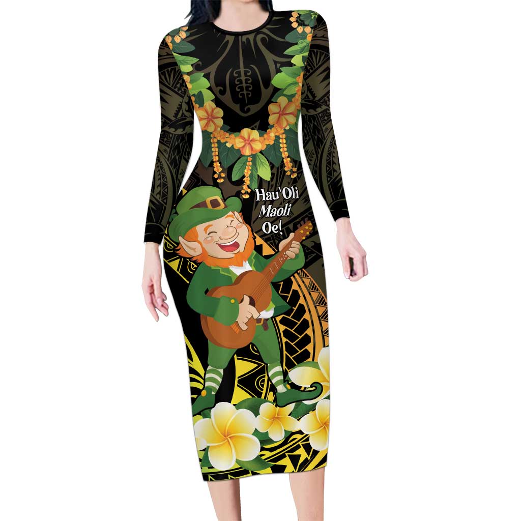 Hawaii Saint Patrick's Day Family Matching Long Sleeve Bodycon Dress and Hawaiian Shirt Ukulele Leprechaun Hau'Oli Maoli Oe! LT14 Mom's Dress Reggae - Polynesian Pride