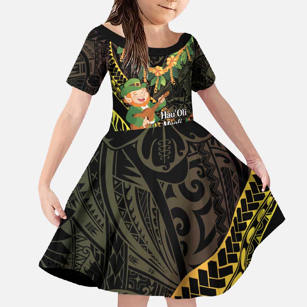 Hawaii Saint Patrick's Day Family Matching Off Shoulder Maxi Dress and Hawaiian Shirt Ukulele Leprechaun Hau'Oli Maoli Oe!