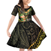 Hawaii Saint Patrick's Day Family Matching Off Shoulder Short Dress and Hawaiian Shirt Ukulele Leprechaun Hau'Oli Maoli Oe! LT14 Daughter's Dress Reggae - Polynesian Pride