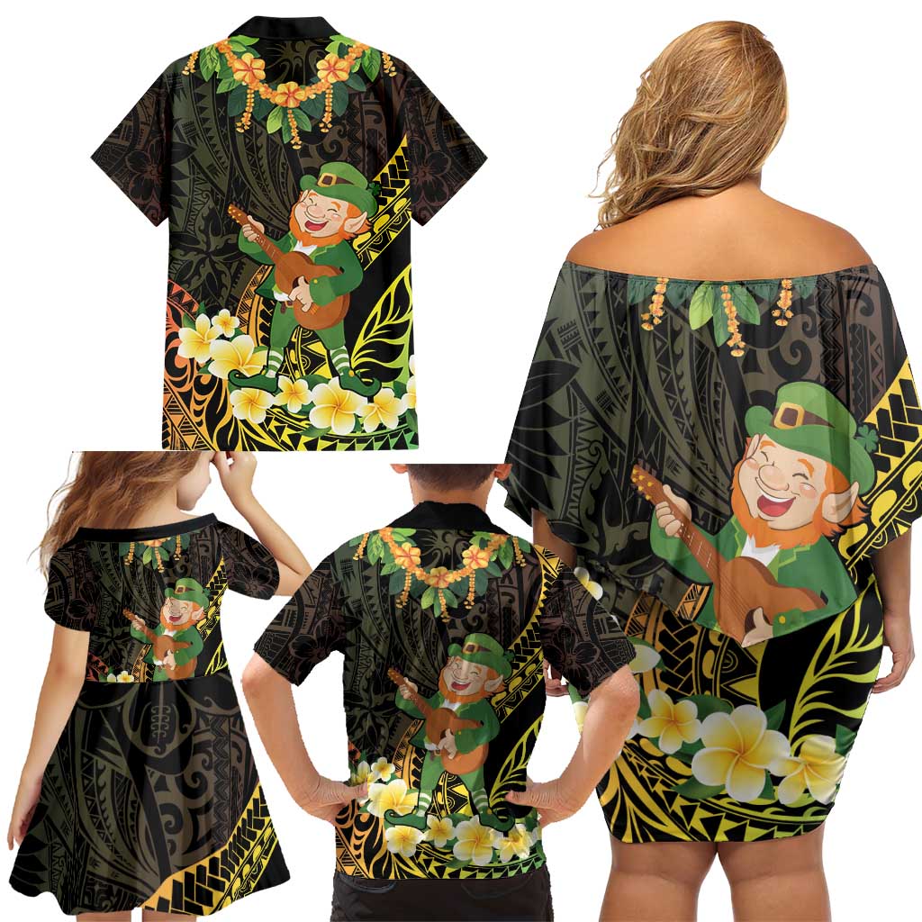 Hawaii Saint Patrick's Day Family Matching Off Shoulder Short Dress and Hawaiian Shirt Ukulele Leprechaun Hau'Oli Maoli Oe! LT14 - Polynesian Pride