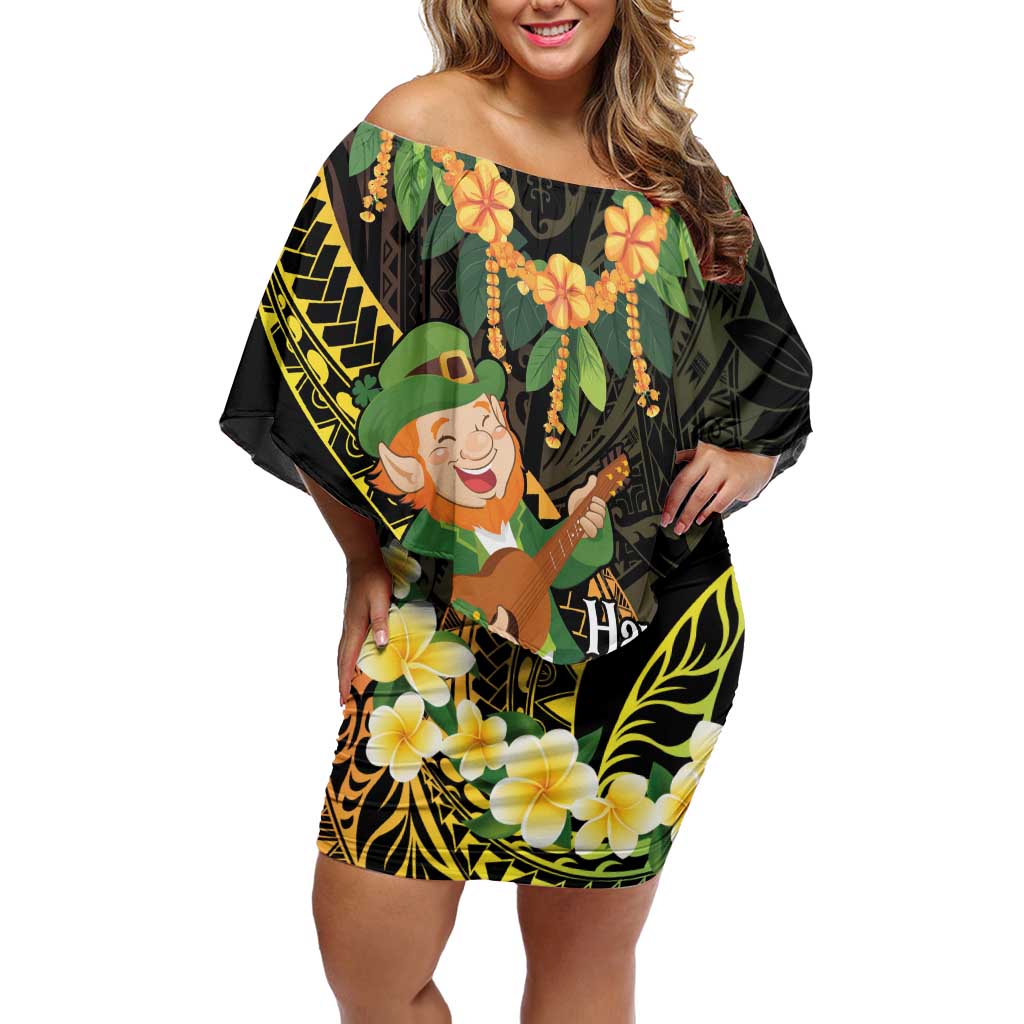 Hawaii Saint Patrick's Day Family Matching Off Shoulder Short Dress and Hawaiian Shirt Ukulele Leprechaun Hau'Oli Maoli Oe! LT14 Mom's Dress Reggae - Polynesian Pride
