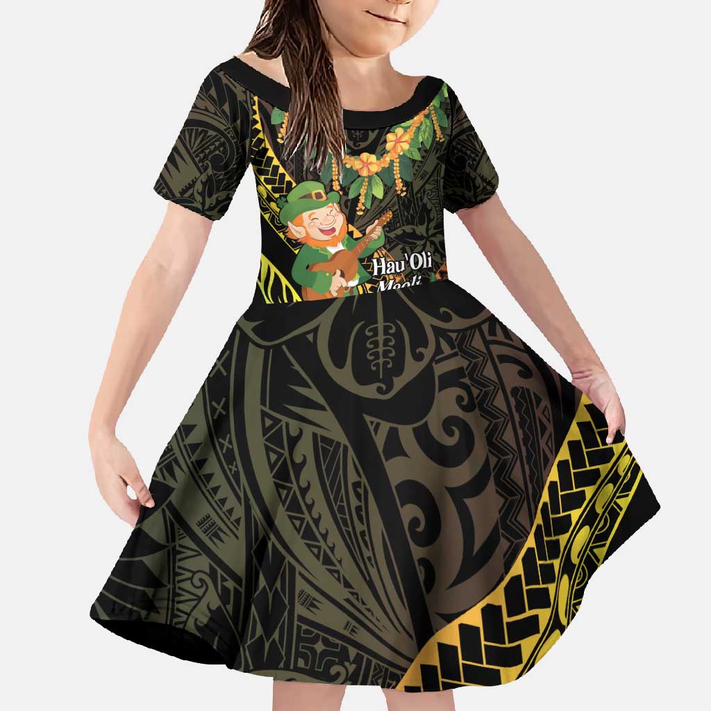 Hawaii Saint Patrick's Day Family Matching Short Sleeve Bodycon Dress and Hawaiian Shirt Ukulele Leprechaun Hau'Oli Maoli Oe! LT14 Daughter's Dress Reggae - Polynesian Pride