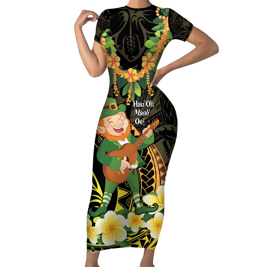 Hawaii Saint Patrick's Day Family Matching Short Sleeve Bodycon Dress and Hawaiian Shirt Ukulele Leprechaun Hau'Oli Maoli Oe! LT14 Mom's Dress Reggae - Polynesian Pride