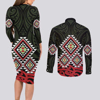 Kia Ora Aotearoa Couples Matching Long Sleeve Bodycon Dress and Long Sleeve Button Shirt 2025 Pasifika Maori Taniko Motifs LT14 - Polynesian Pride