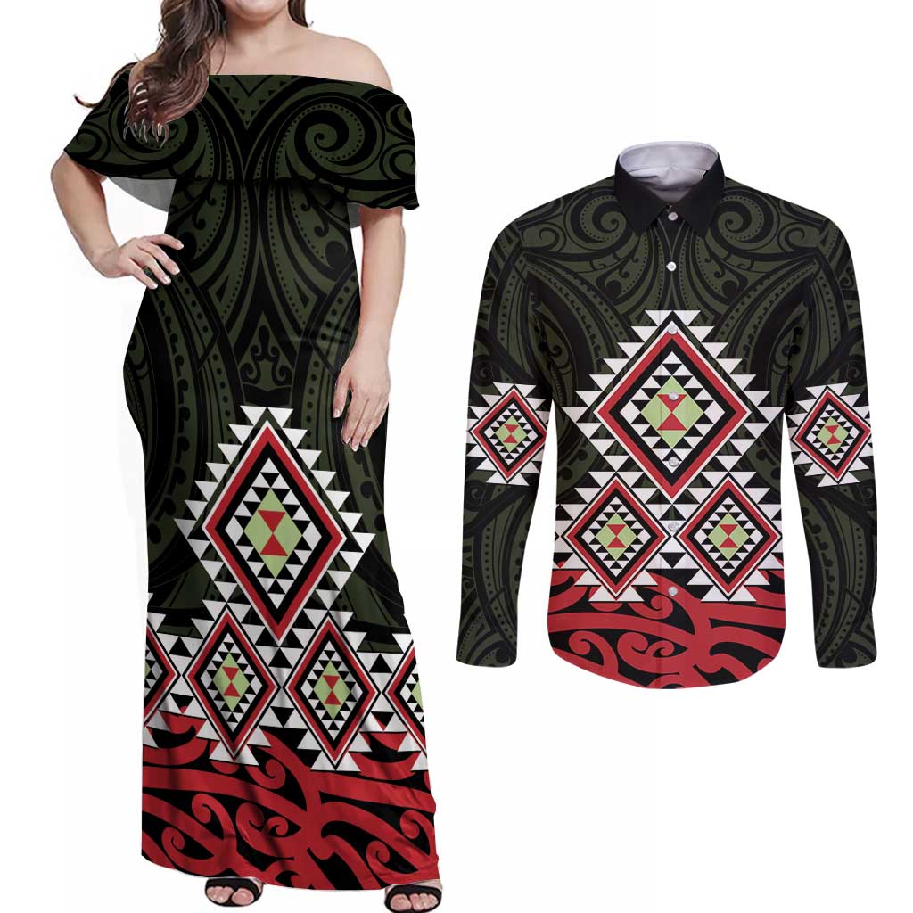 Kia Ora Aotearoa Couples Matching Off Shoulder Maxi Dress and Long Sleeve Button Shirt 2025 Pasifika Maori Taniko Motifs LT14 Black - Polynesian Pride
