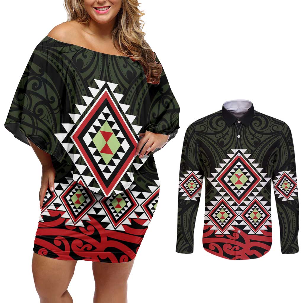 Kia Ora Aotearoa Couples Matching Off Shoulder Short Dress and Long Sleeve Button Shirt 2025 Pasifika Maori Taniko Motifs LT14 Black - Polynesian Pride