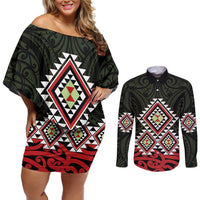 Kia Ora Aotearoa Couples Matching Off Shoulder Short Dress and Long Sleeve Button Shirt 2025 Pasifika Maori Taniko Motifs LT14 Black - Polynesian Pride