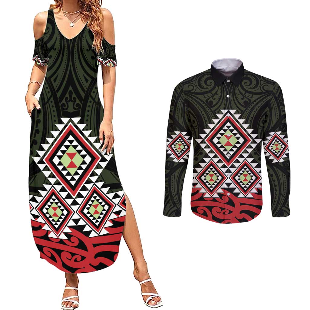 Kia Ora Aotearoa Couples Matching Summer Maxi Dress and Long Sleeve Button Shirt 2025 Pasifika Maori Taniko Motifs LT14 Black - Polynesian Pride