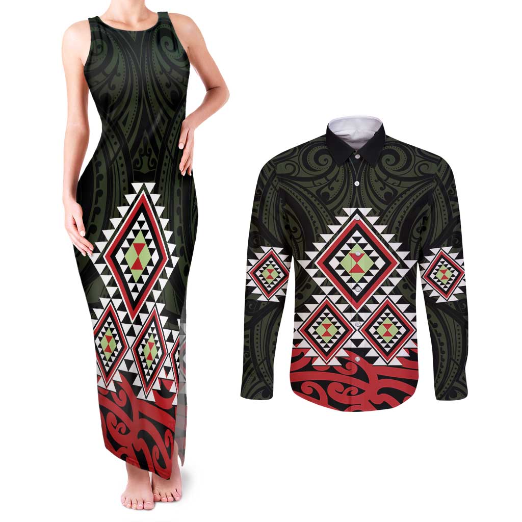 Kia Ora Aotearoa Couples Matching Tank Maxi Dress and Long Sleeve Button Shirt 2025 Pasifika Maori Taniko Motifs LT14 Black - Polynesian Pride