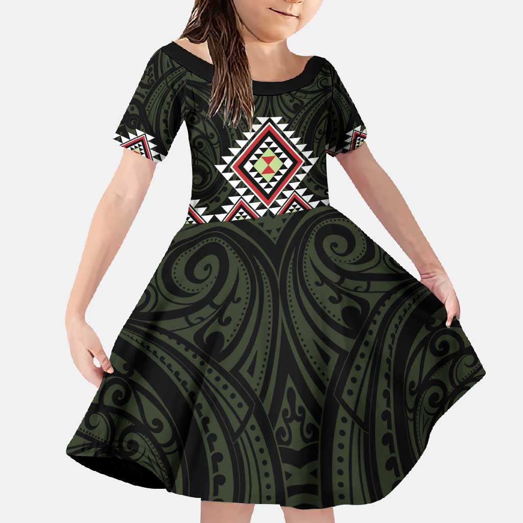 Kia Ora Aotearoa Family Matching Long Sleeve Bodycon Dress and Hawaiian Shirt 2025 Pasifika Maori Taniko Motifs LT14 Daughter's Dress Black - Polynesian Pride
