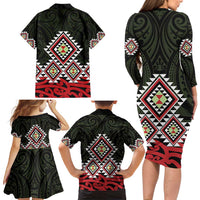 Kia Ora Aotearoa Family Matching Long Sleeve Bodycon Dress and Hawaiian Shirt 2025 Pasifika Maori Taniko Motifs LT14 - Polynesian Pride