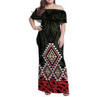Kia Ora Aotearoa Family Matching Off Shoulder Maxi Dress and Hawaiian Shirt 2025 Pasifika Maori Taniko Motifs LT14 Mom's Dress Black - Polynesian Pride