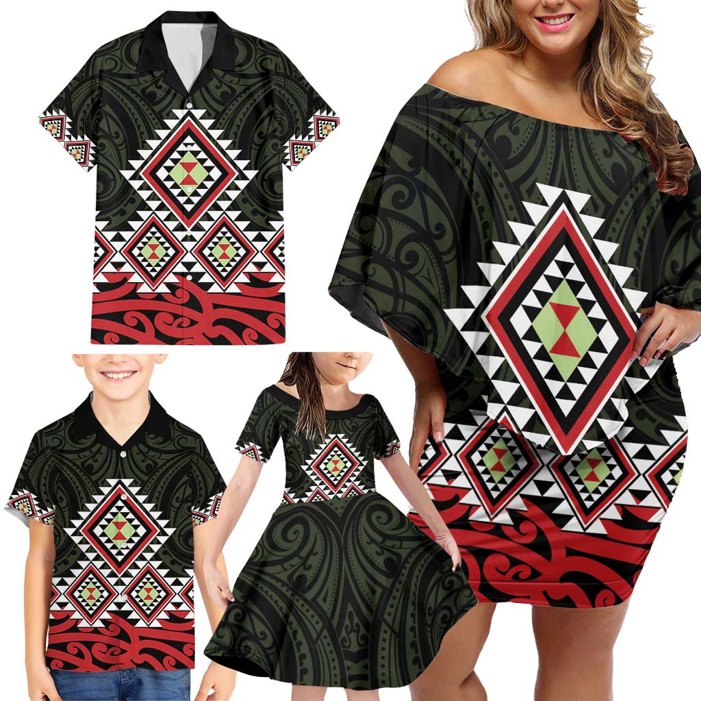 Kia Ora Aotearoa Family Matching Off Shoulder Short Dress and Hawaiian Shirt 2025 Pasifika Maori Taniko Motifs LT14 - Polynesian Pride
