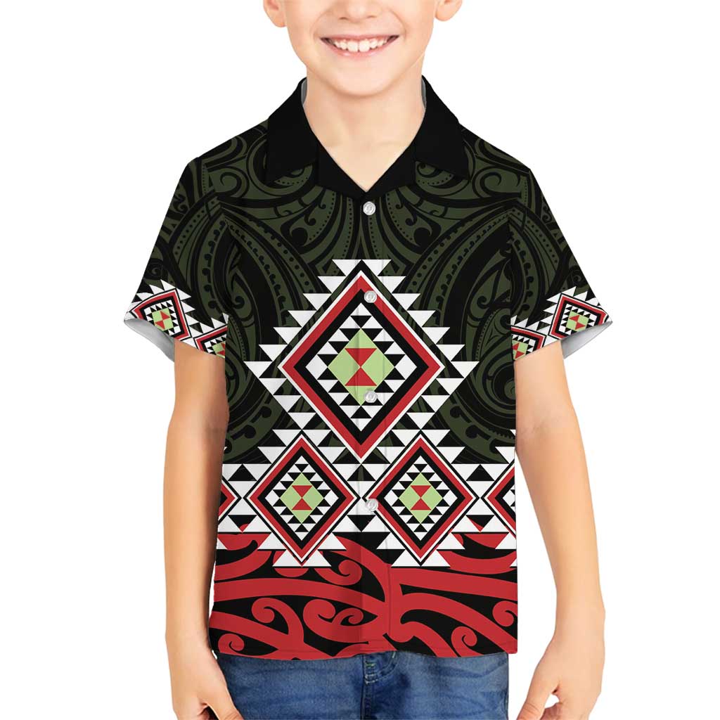 Kia Ora Aotearoa Family Matching Off Shoulder Short Dress and Hawaiian Shirt 2025 Pasifika Maori Taniko Motifs LT14 Son's Shirt Black - Polynesian Pride