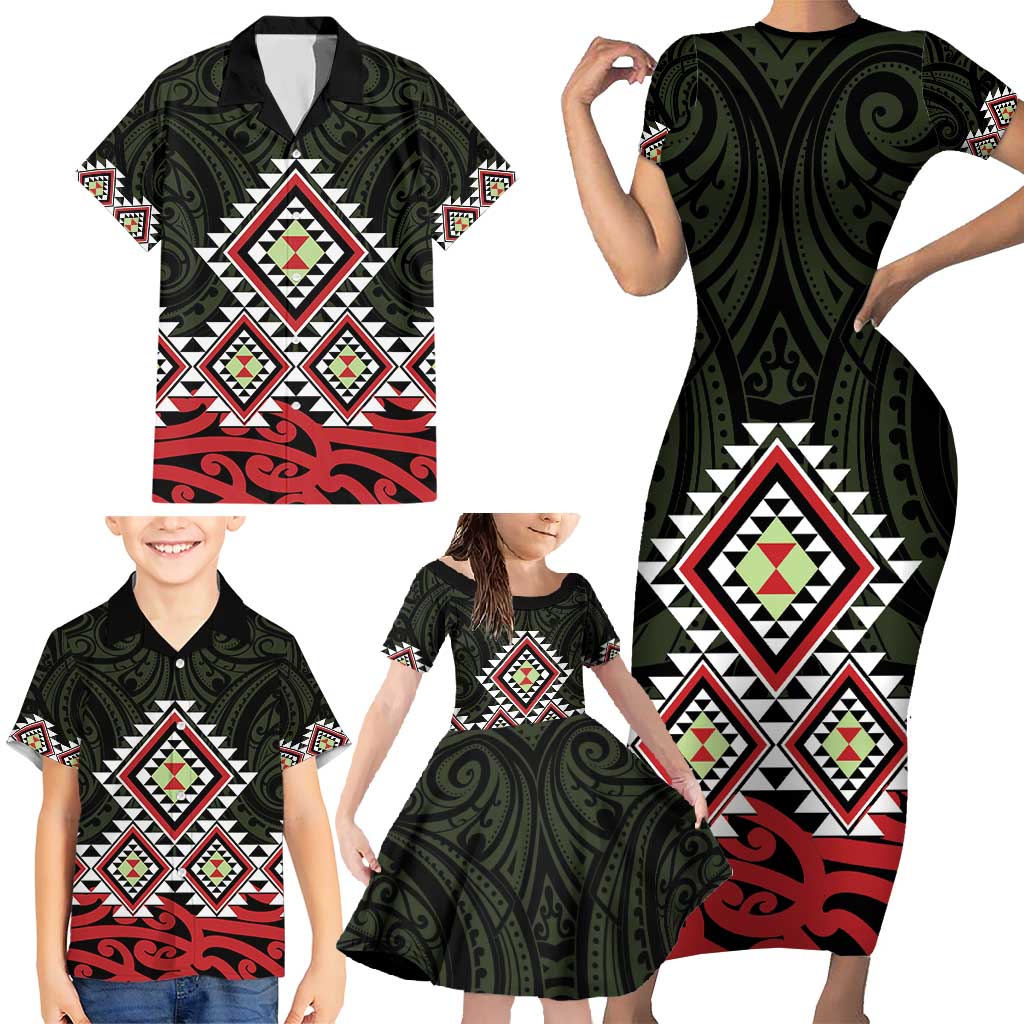 Kia Ora Aotearoa Family Matching Short Sleeve Bodycon Dress and Hawaiian Shirt 2025 Pasifika Maori Taniko Motifs LT14 - Polynesian Pride
