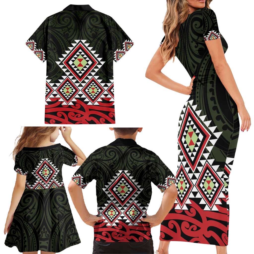 Kia Ora Aotearoa Family Matching Short Sleeve Bodycon Dress and Hawaiian Shirt 2025 Pasifika Maori Taniko Motifs LT14 - Polynesian Pride